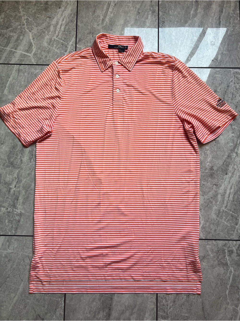RLX Ralph Lauren Men's Polo L Orange White Striped Shirt Performance Golf RR CC